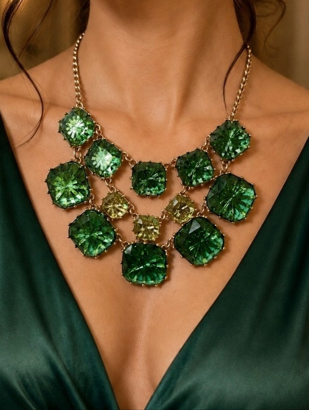 Chunky Lucite Atomic Square Transparent Green Citrine Golden Statement Necklace